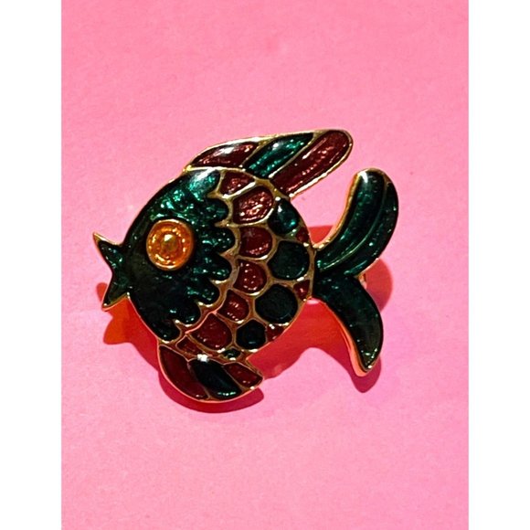 Green Red and Gold Cloisonné Puffy Fish Shaped Brooch Signed Ivana Adorable! - Picture 2 of 9